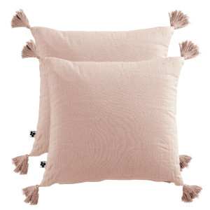 Lot de 2 Coussins Carrés 40 x 40 cm en Double Gaze de Coton Rose avec 4 Pompons - PEPA