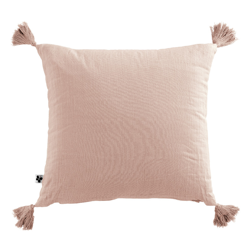Lot de 2 Coussins Carrés 40 x 40 cm en Double Gaze de Coton Rose avec 4 Pompons - PEPA