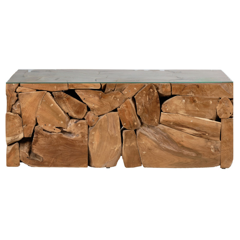 Table Basse 60 x 120 cm en Bois de Teck avec Plateau en Verre Trempé - TEKKU 2