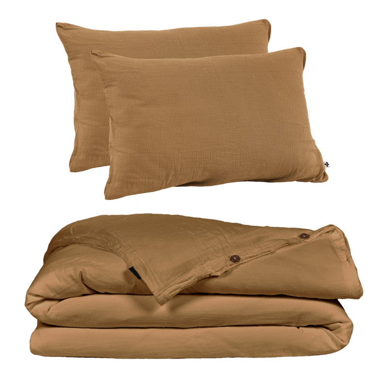 Parure de Lit  2 Taies d'oreillers 50x70 cm et Housse de Couette 240x260 cm en Double Gaze de Coton Camel - PEPA 2