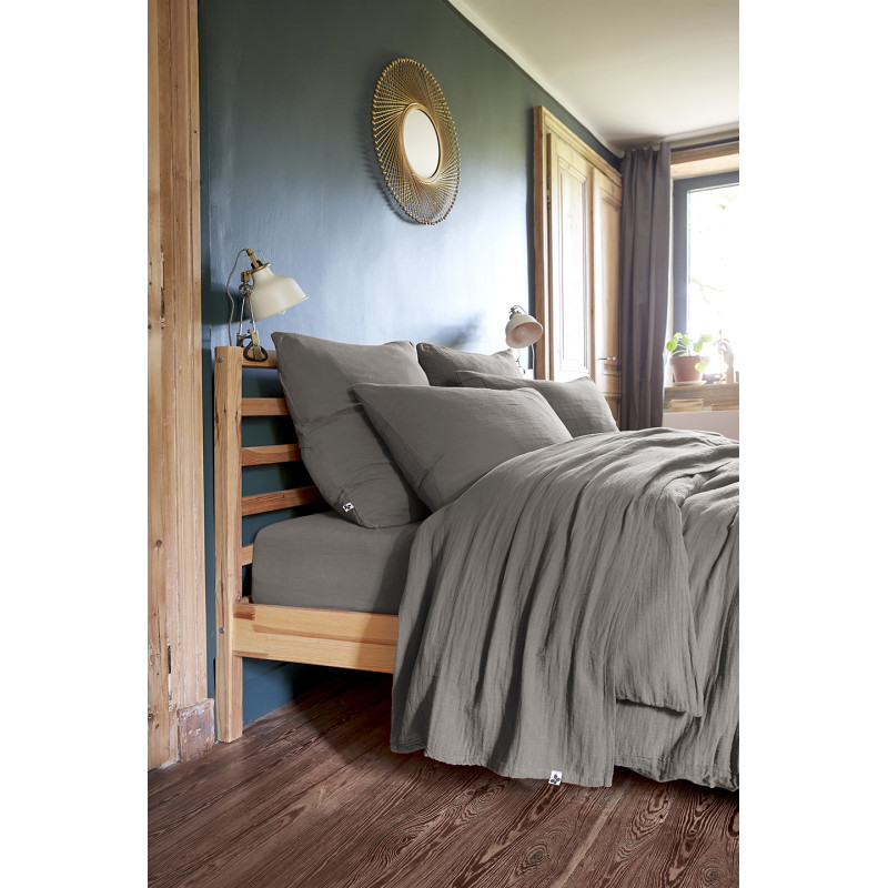 Parure de Lit  2 Taies d'oreillers 50x70 cm et Housse de Couette 240x260 cm en Double Gaze de Coton Gris - PEPA 2