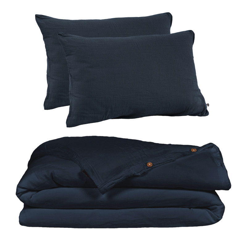 Parure de Lit  2 Taies d'oreillers 50x70 cm et Housse de Couette 240x260 cm en Double Gaze de Coton Bleu Nuit - PEPA 2