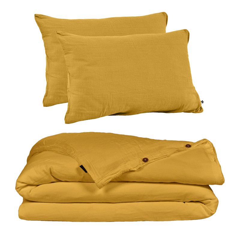 Parure de Lit  2 Taies d'oreillers 50x70 cm et Housse de Couette 240x260 cm en Double Gaze de Coton Jaune - PEPA 2