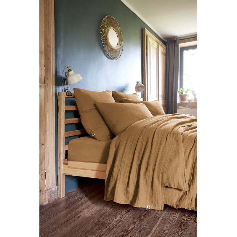 Parure de Lit  2 Taies d'oreillers 50x70 cm et Housse de Couette 220x240 cm en Double Gaze de Coton Camel - PEPA 1
