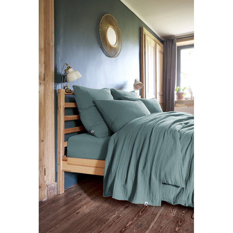 Parure de Lit  2 Taies d'oreillers 50x70 cm et Housse de Couette 220x240 cm en Double Gaze de Coton Bleu Canard - PEPA 1