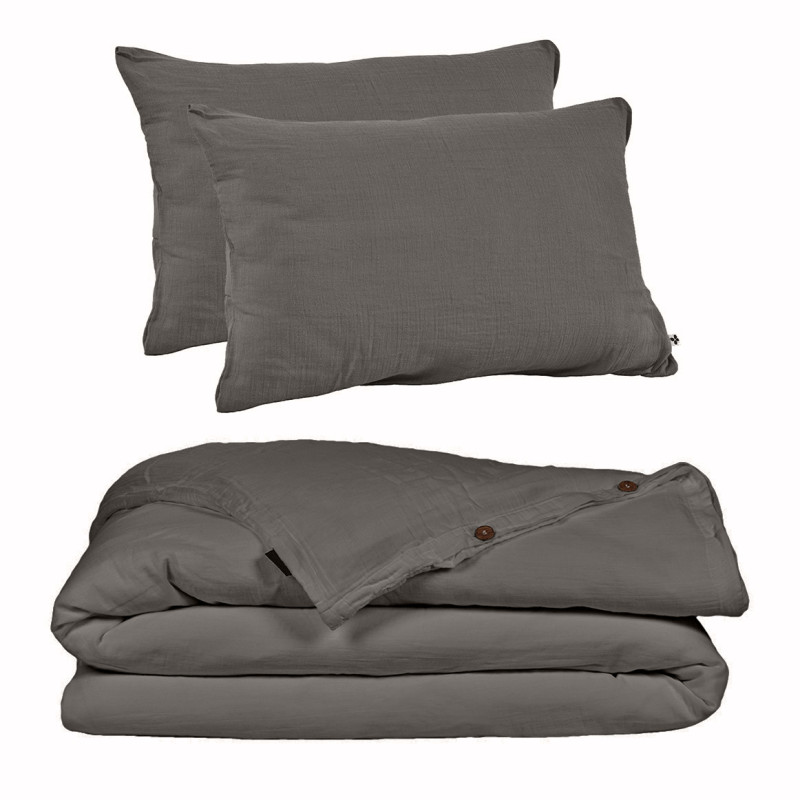 Parure de Lit  2 Taies d'oreillers 50x70 cm et Housse de Couette 220x240 cm en Double Gaze de Coton Gris - PEPA 1