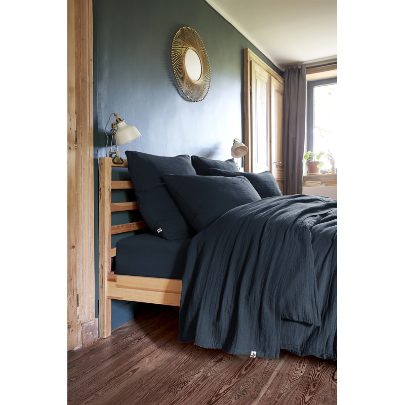 Parure de Lit  2 Taies d'oreillers 50x70 cm et Housse de Couette 220x240 cm en Double Gaze de Coton Bleu Nuit - PEPA 1
