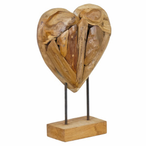 Sculpture Artisanale Cœur sur Socle en Bois de Teck Naturel H30 cm - Objet Décoration - CORAZON 2