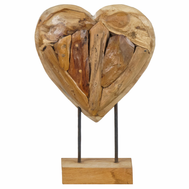 Sculpture Artisanale Cœur sur Socle en Bois de Teck Naturel H30 cm - Objet Décoration - CORAZON 2