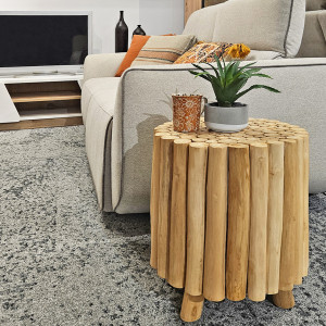 Tabouret / Table d'Appoint D.40 cm Artisanale Assemblage de Bois de Teck Naturel et Exotique - DAWSON