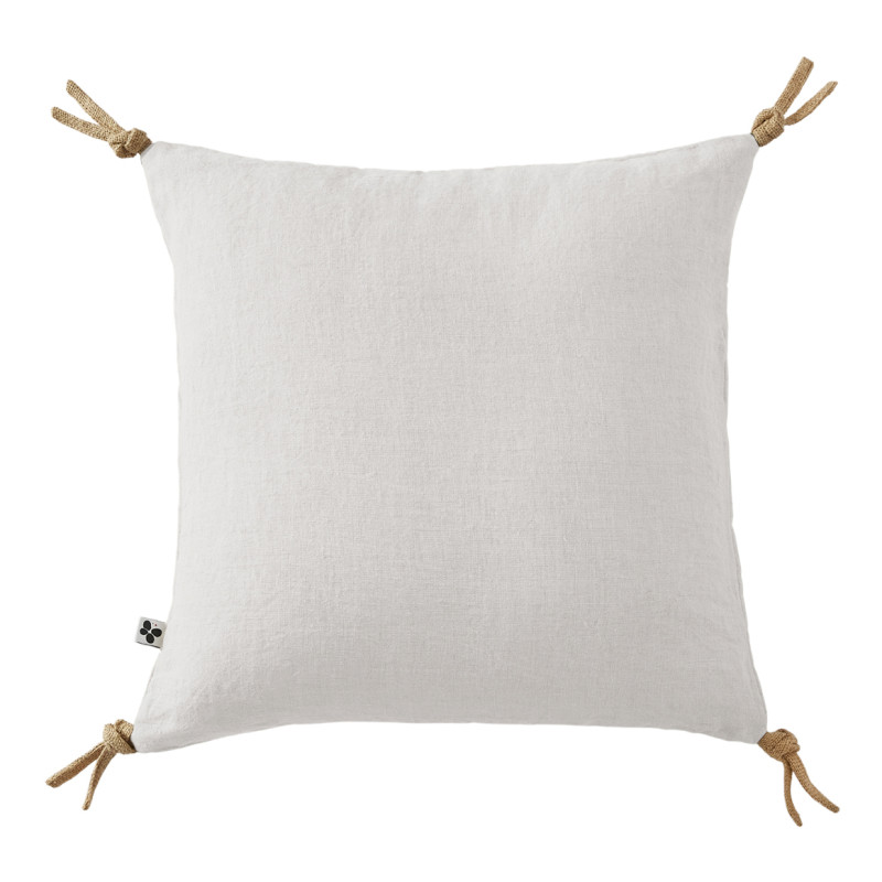 Coussin Carré 45 x 45 cm en Lin Lavé Blanc Housse Déhoussable avec 4 Nouettes en Jute - LUISA