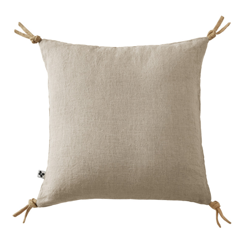 Coussin Carré 45 x 45 cm en Lin Lavé Sable Housse Déhoussable avec 4 Nouettes en Jute - LUISA