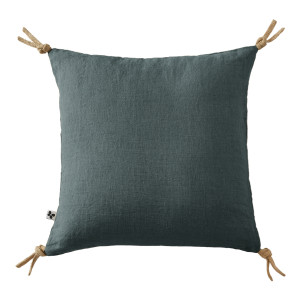 Coussin Carré 45 x 45 cm en Lin Lavé Bleu Housse Déhoussable avec 4 Nouettes en Jute - LUISA