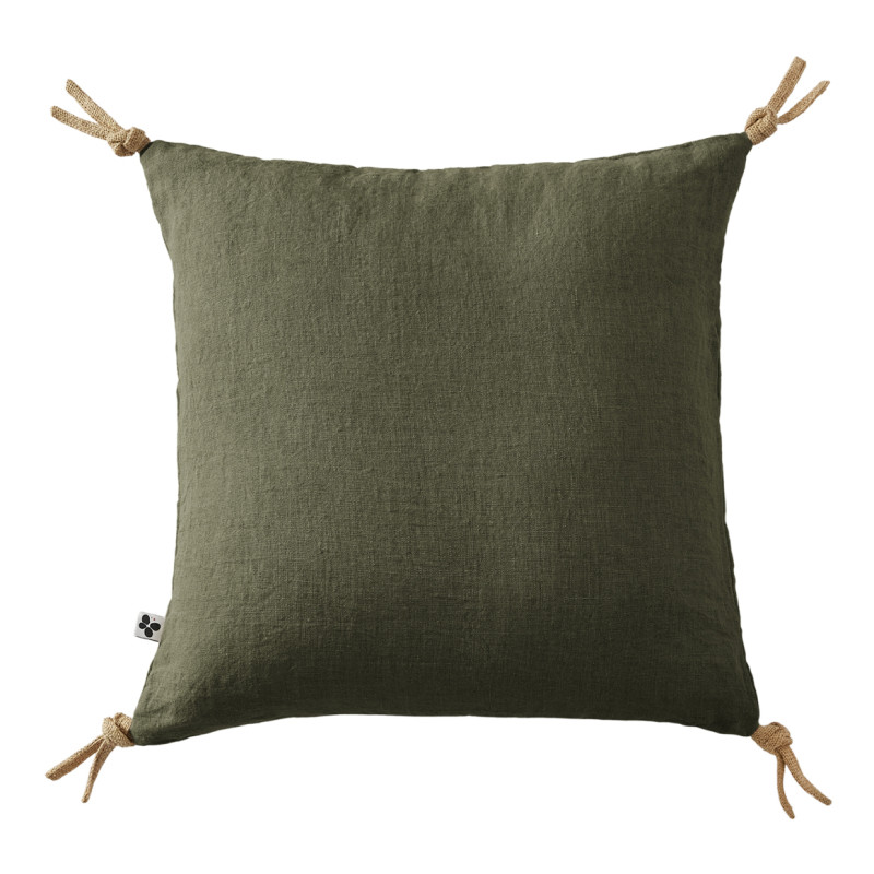 Coussin Carré 45 x 45 cm en Lin Lavé Vert Housse Déhoussable avec 4 Nouettes en Jute - LUISA