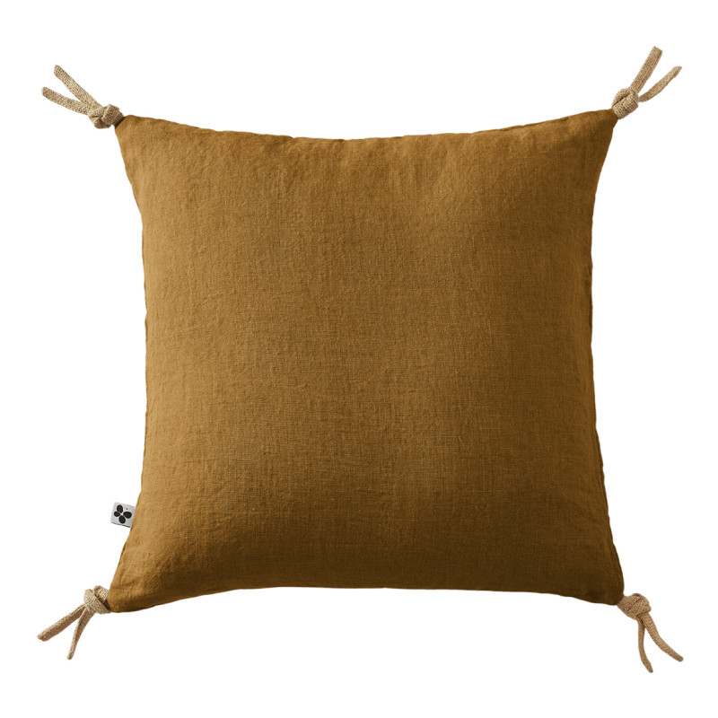 Coussin Carré 45 x 45 cm en Lin Lavé Caramel Housse Déhoussable avec 4 Nouettes en Jute - LUISA