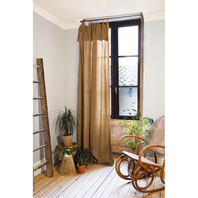 Rideau Ajustable 140 x 300 cm en Double Gaze de Coton Camel avec 8 Anneaux à Pince en Métal - PEPA