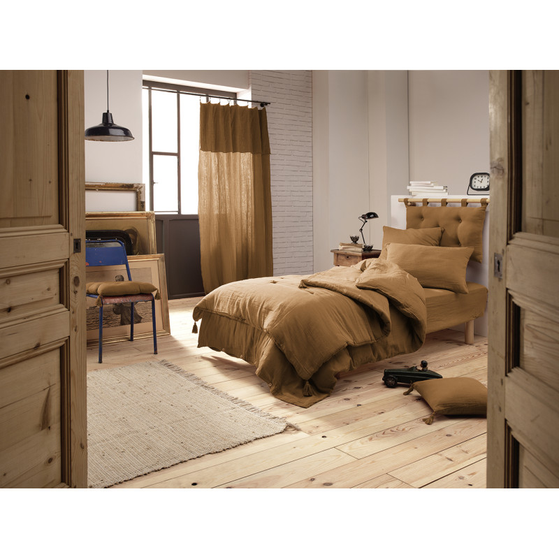 Rideau Ajustable 140 x 300 cm en Double Gaze de Coton Camel avec 8 Anneaux à Pince en Métal - PEPA