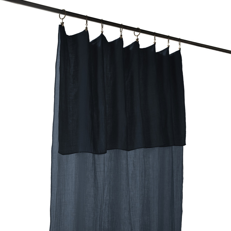 Rideau Ajustable 140 x 300 cm en Double Gaze de Coton Bleu Nuit avec 8 Anneaux à Pince en Métal - PEPA