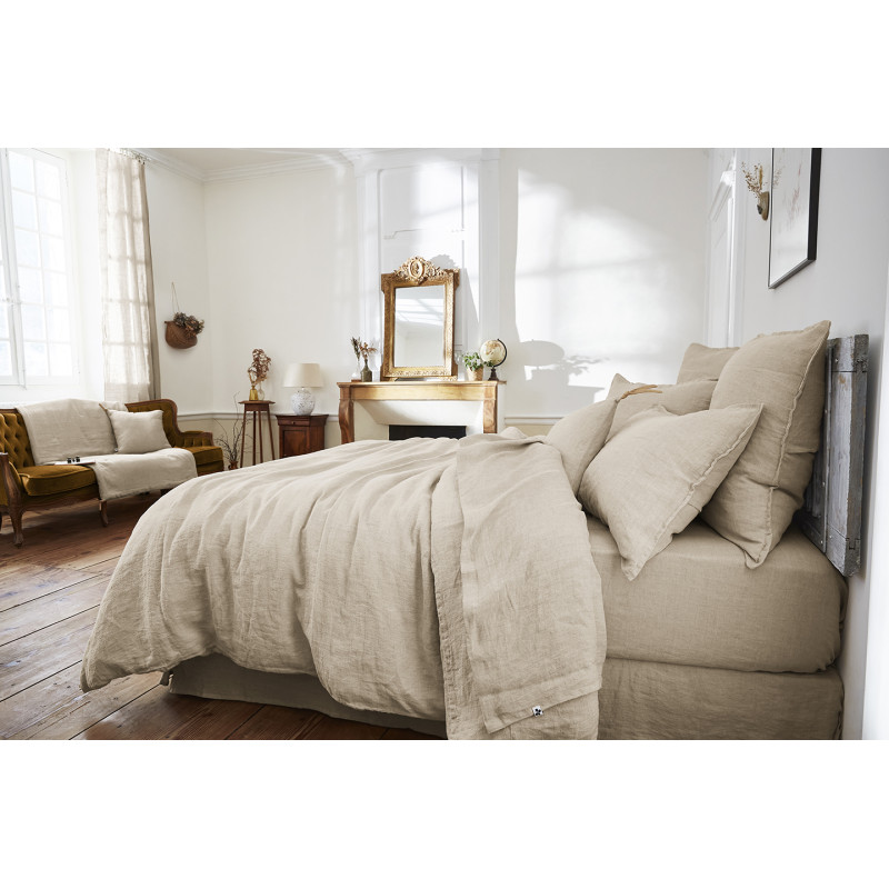 Édredons 90 x 200 cm en Lin Lavé Sable avec Capitonnage Léger et 4 Nouettes en Jute - Linge de Lit - LUISA