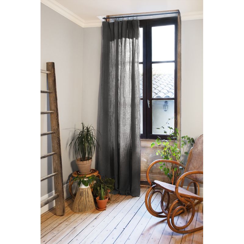 Rideau Ajustable 140 x 300 cm en Double Gaze de Coton Gris avec 8 Anneaux à Pince en Métal - PEPA