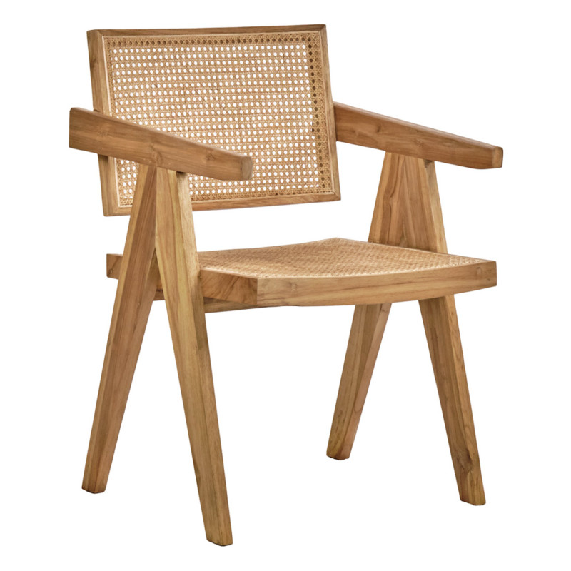 Fauteuil lounge en bois massif avec cannage en rotin - BRUNO