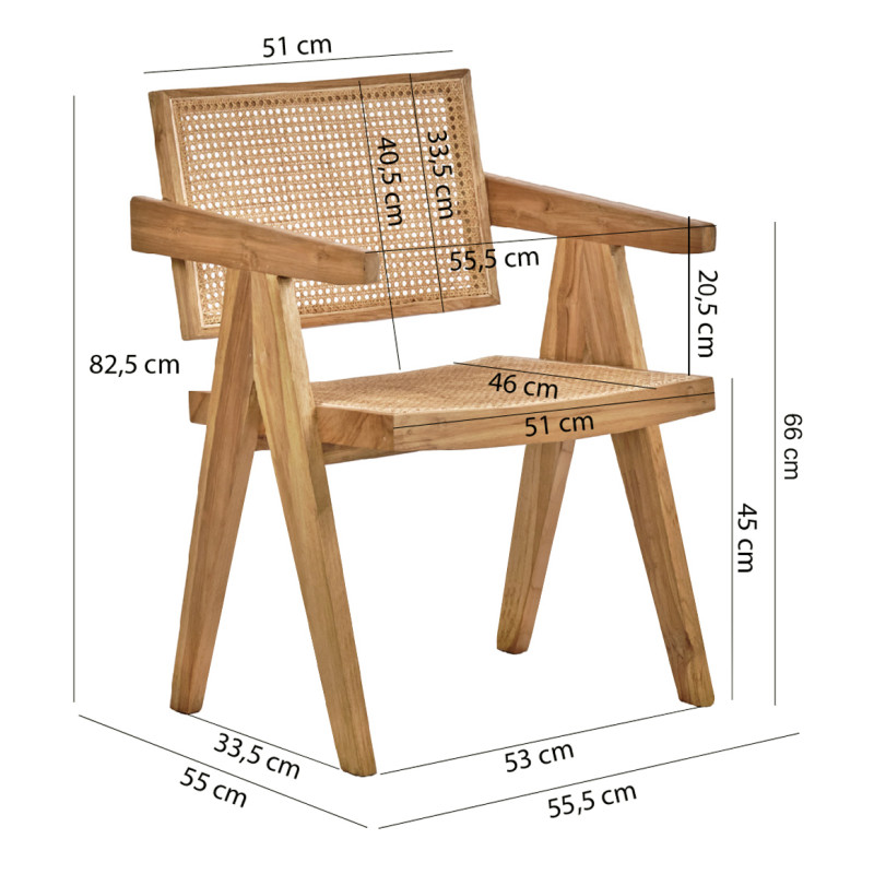Fauteuil lounge en bois massif avec cannage en rotin - BRUNO