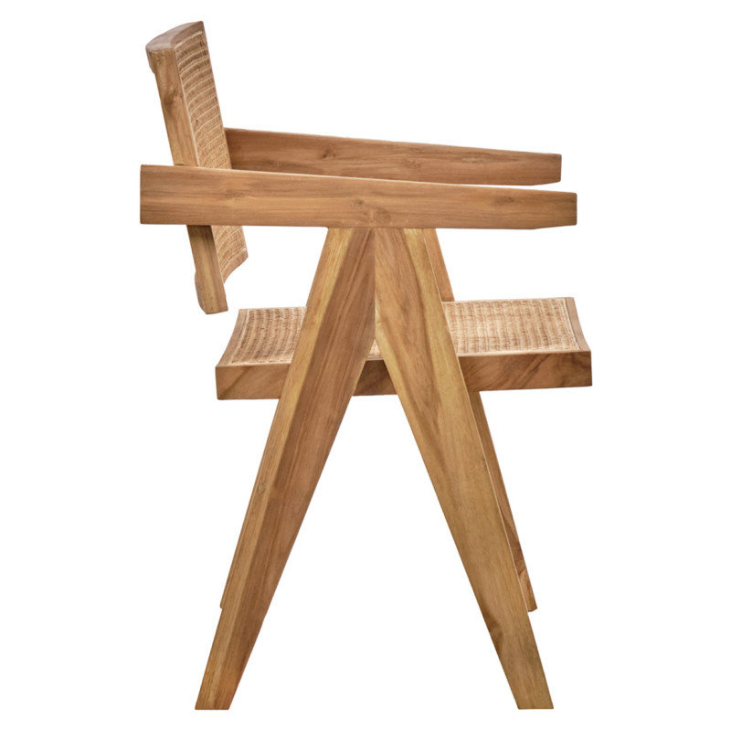 Fauteuil lounge en bois massif avec cannage en rotin - BRUNO
