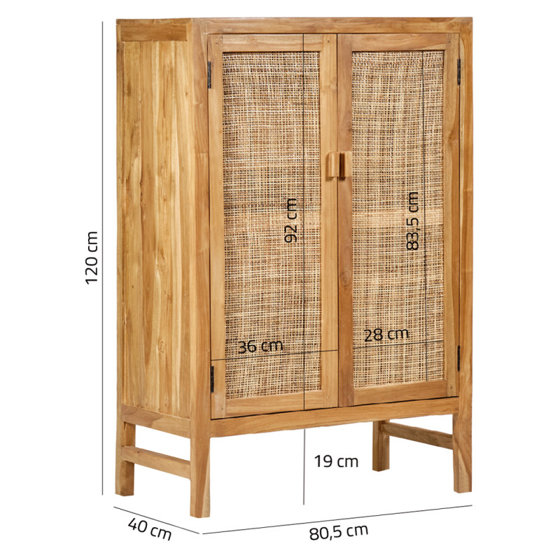 Armoire 2 portes manguier massif et cannage rotin H. 120 cm - CAMILO