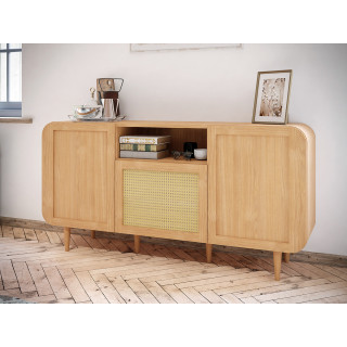 Buffet L. 160 cm Angles Arrondis 3 Portes Décor Chêne avec Cannage en Rotin et Pieds en Bois Massif - VIVIAN