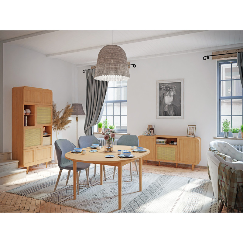 Table de Repas Ronde et Extensible L. 130 / 165 cm Revêtement Décor Chêne avec Pieds en Bois Massif - VIVIAN