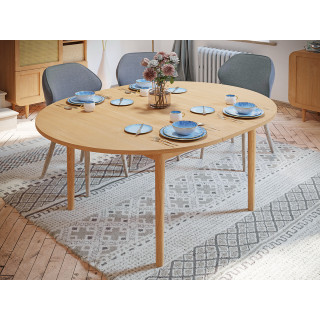 Table de Repas Ronde et Extensible L. 130 / 165 cm Revêtement Décor Chêne avec Pieds en Bois Massif - VIVIAN