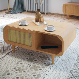 Table Basse L. 100 cm Angles Arrondis 2 Niches et 2 Portes Décor Chêne Cannage Rotin et Pieds Bois Massif - VIVIAN