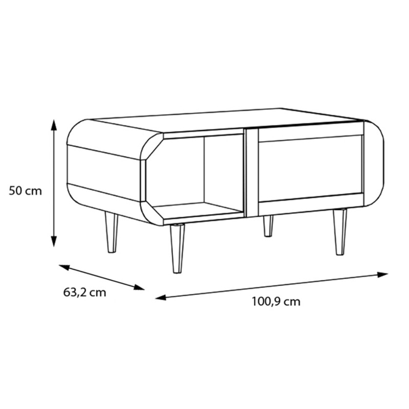 Table Basse L. 100 cm Angles Arrondis 2 Niches et 2 Portes Décor Chêne Cannage Rotin et Pieds Bois Massif - VIVIAN