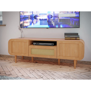 Meuble TV  L. 160 cm Angles Arrondis  1 Tiroir et 2 Portes Décor Chêne Cannage Rotin et Pieds Bois Massif - VIVIAN