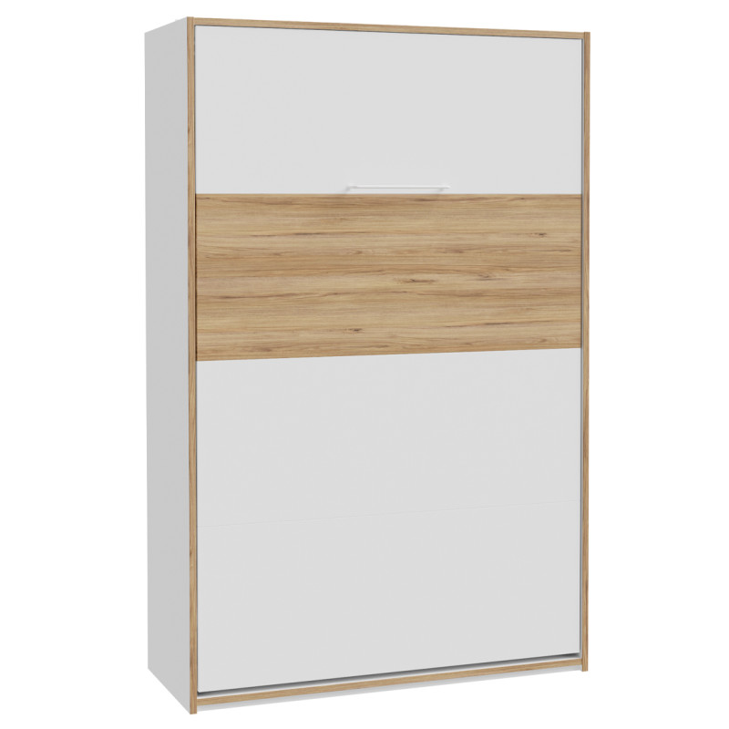 Lit Escamotable 120 x 200 cm rangements Décor Blanc et Chêne avec Poignée en Métal - Compact Scandinave - CONAN