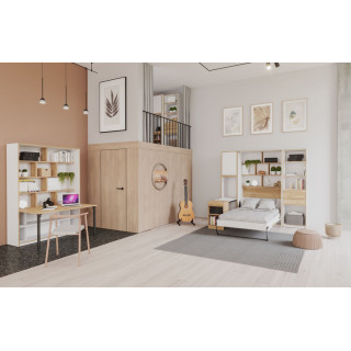 Lit Escamotable 120 x 200 cm rangements Décor Blanc et Chêne avec Poignée en Métal - Compact Scandinave - CONAN