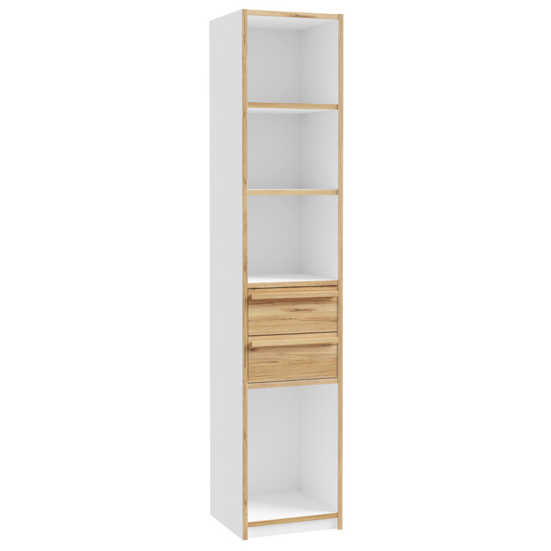 Colonne / Bibliothèque L. 44 cm 2 Tiroirs 4 Niches avec Décor Blanc et Chêne - Compact Scandinave - CONAN