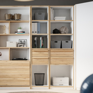 Colonne / Bibliothèque L. 44 cm 2 Tiroirs 4 Niches avec Décor Blanc et Chêne - Compact Scandinave - CONAN