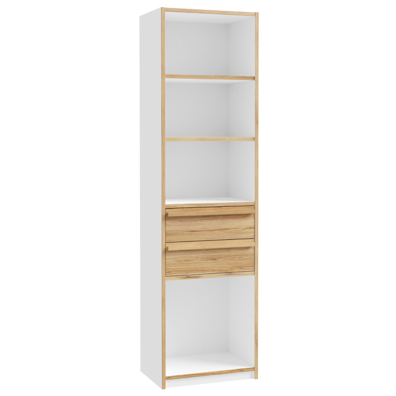 Colonne / Bibliothèque L. 59 cm 2 Tiroirs 4 Niches avec Décor Blanc et Chêne - Compact Scandinave - CONAN