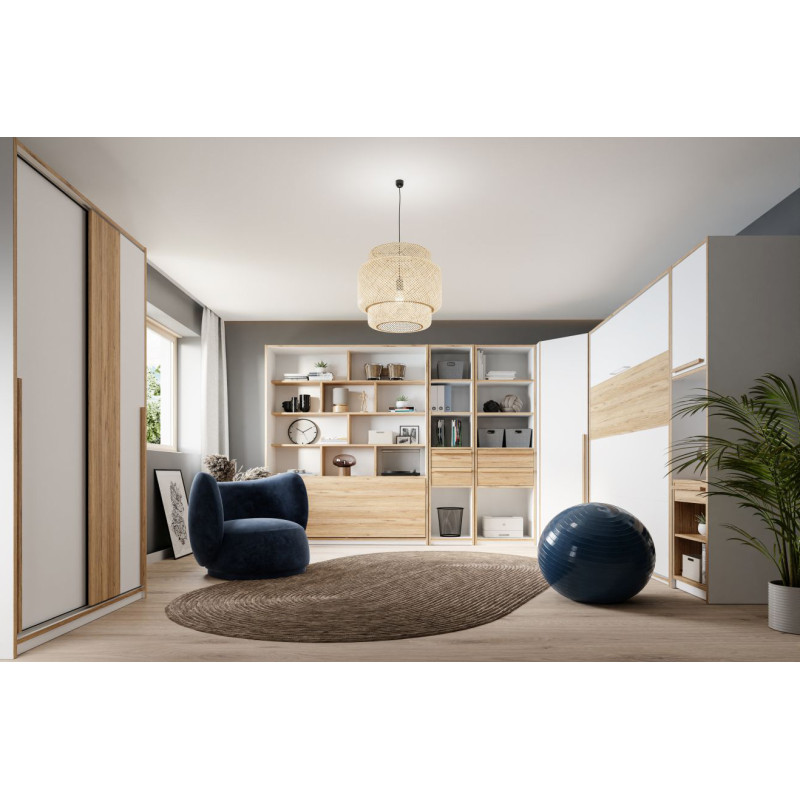 Colonne / Bibliothèque L. 59 cm 2 Tiroirs 4 Niches avec Décor Blanc et Chêne - Compact Scandinave - CONAN