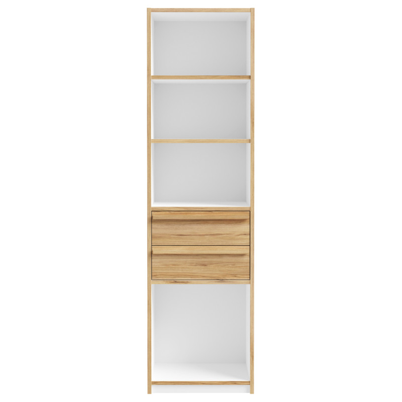 Colonne / Bibliothèque L. 59 cm 2 Tiroirs 4 Niches avec Décor Blanc et Chêne - Compact Scandinave - CONAN