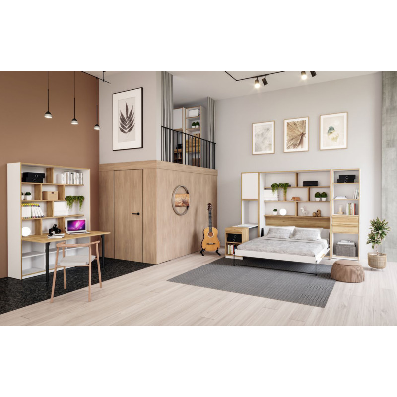 Colonne / Bibliothèque L. 59 cm 2 Tiroirs 4 Niches avec Décor Blanc et Chêne - Compact Scandinave - CONAN