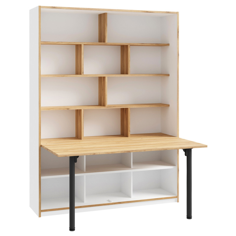 Étagère / Bureau Rabattable L. 160 cm 16 Niches avec Décor Blanc et Chêne - Compact et Scandinave - CONAN