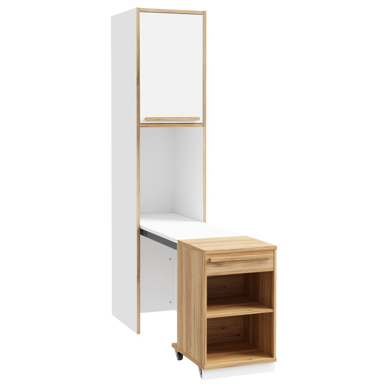 Colonne Réversible Bureau Rétractable H. 215 cm 1 Porte 1 Niche Décor Blanc et Chêne - Compact Scandinave - CONAN