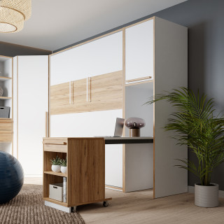 Colonne Réversible Bureau Rétractable H. 215 cm 1 Porte 1 Niche Décor Blanc et Chêne - Compact Scandinave - CONAN
