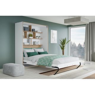 Lit Escamotable 140 x 200 cm rangements Décor Blanc et Chêne avec Poignée en Métal - Compact Scandinave - CONAN