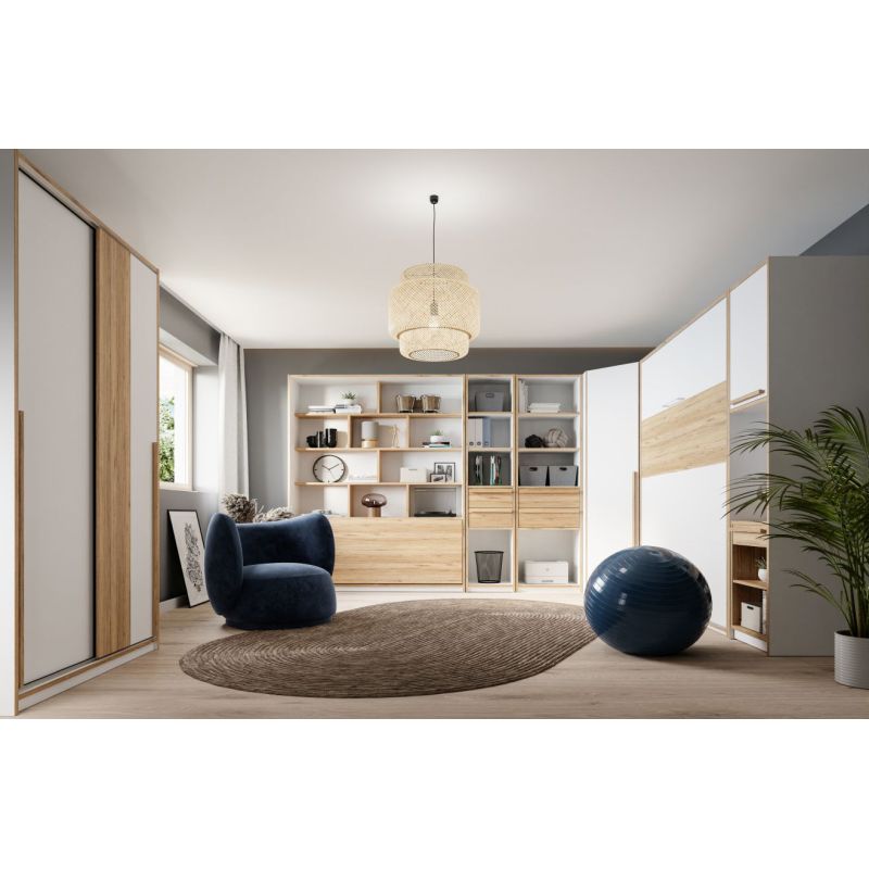 Lit Escamotable 120 x 200 cm rangements Décor Blanc et Chêne avec Poignée en Métal - Compact Scandinave - CONAN