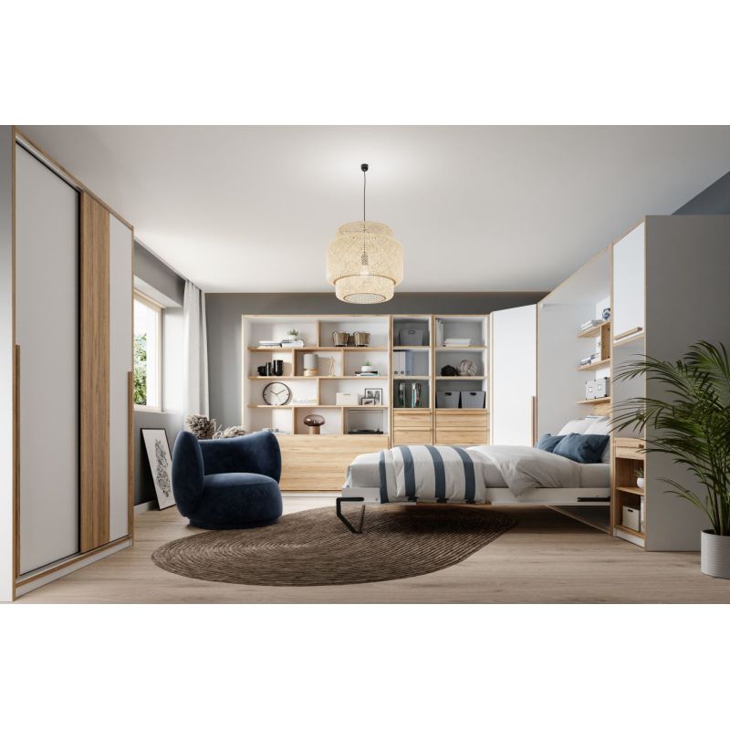 Lit Escamotable 160 x 200 cm rangements Décor Blanc et Chêne avec Poignée en Métal - Compact Scandinave - CONAN