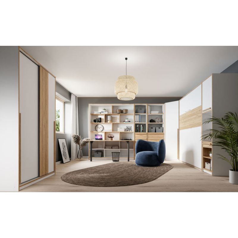 Étagère / Bureau Rabattable L. 160 cm 16 Niches avec Décor Blanc et Chêne - Compact et Scandinave - CONAN