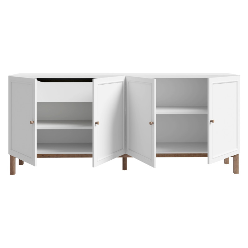Buffet 199 cm 4 Portes 1 Tiroir Décor Gris Clair et Chêne avec Poignées en Bois Massif - UDINE